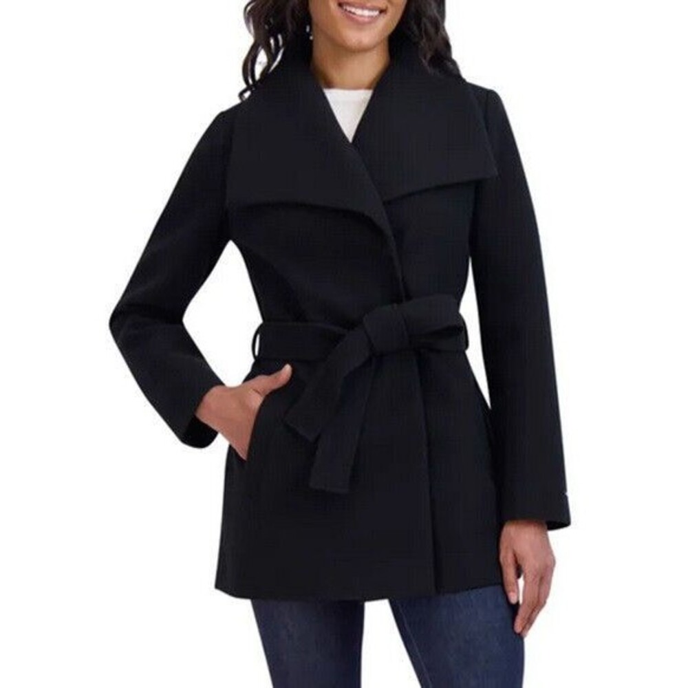 Tahari Faux Wool Wrap Coat Black Large L NWT